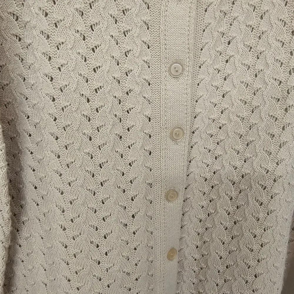 Vintage Wintuk Medium Cardigan Womens Beige Open Knit Eyelet Lightweight Grandma